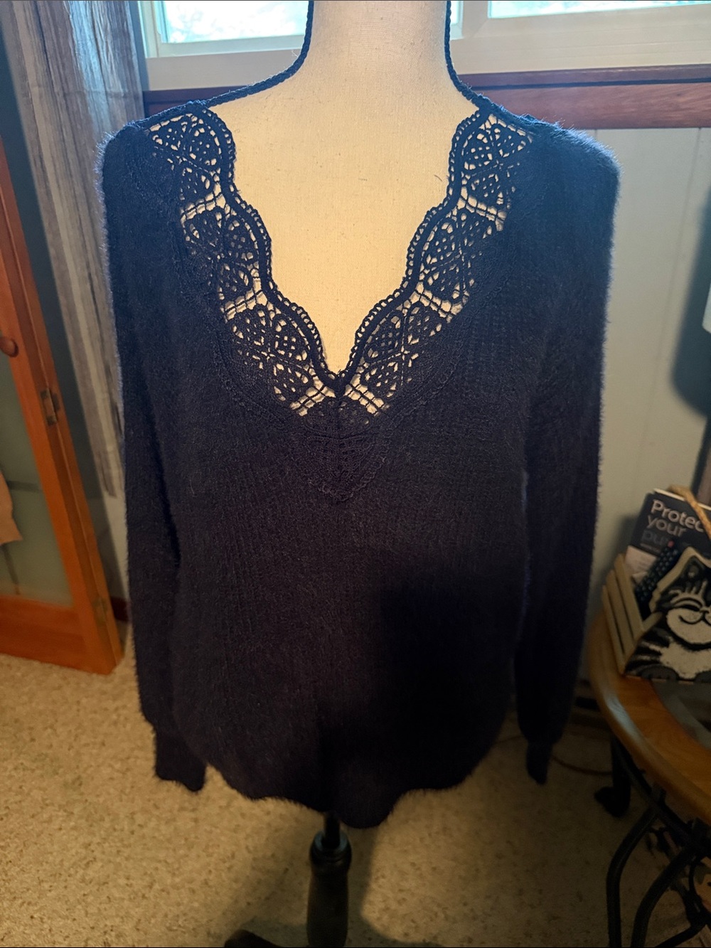 Lace-Trim V-Neck Sweater in Deep Navy